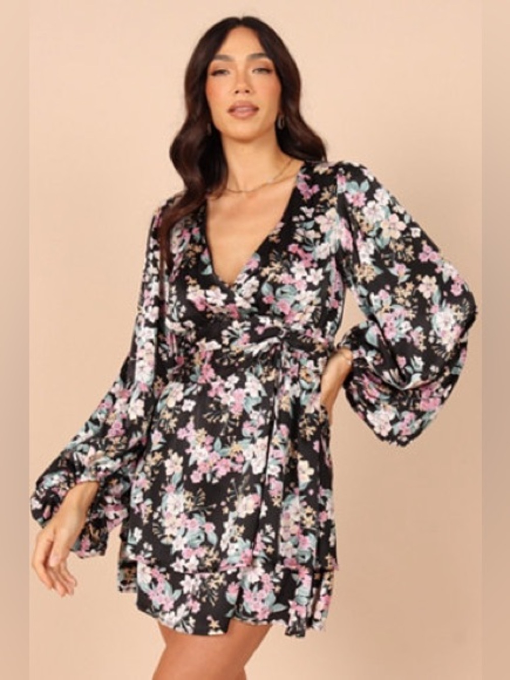 Petal & Pup ($119) Floral Long Sleeve Wrap Mini Dress Black Pink Boho Sz L